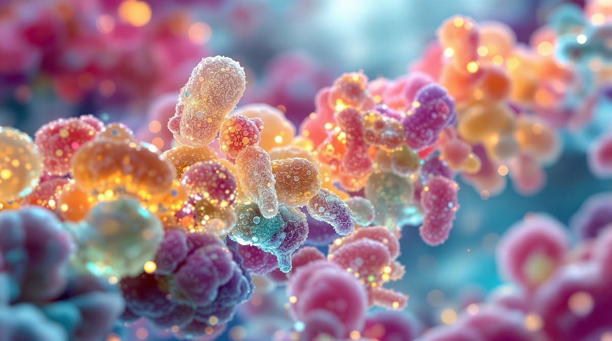 다이어트구미  현미경 이미지와 함께 다이어트구미의 주요 성분인 유산균, 식이섬유, 식물성 펙틴, 포스트바이오틱스, 천연 감미료가 어우러진 과학적 배경