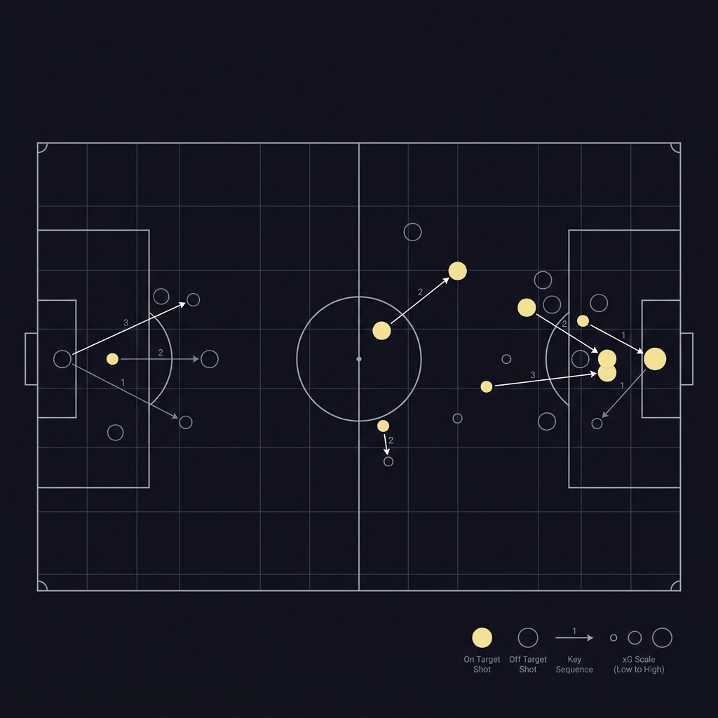 Top down match shot map showing shots sized by xG and colored by on target status with annotated key chance sequences minimalist Funded Plays style How Expected Goals Improve Soccer Analysis