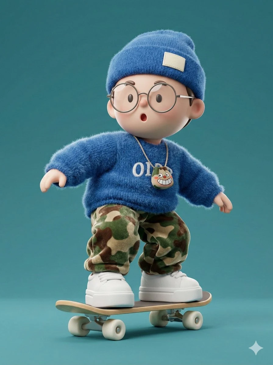 Renderizado 3D de alta fidelidad de un niño adorable y estilizado practicando skate en una pose dinámica.