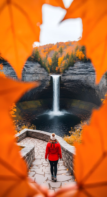 Autumn Waterfall View Framed by Vibrant Orange Leaves - Free mobile Wallpaper
