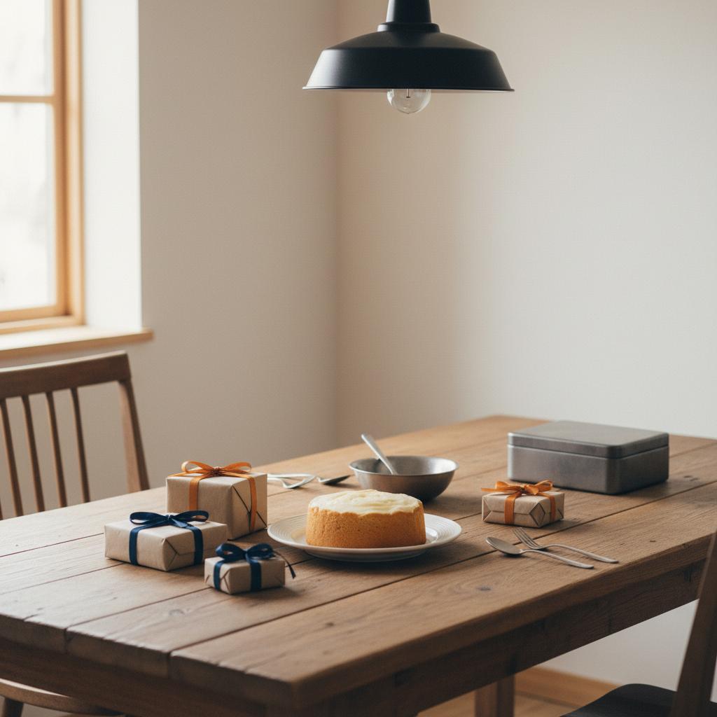 Minimalistischer Esstisch mit kleinen Geschenken, einfachem Vanillekuchen und warmen Metallakzenten im Steelmonks-Stil – geschenkideen kaffeeliebhaber