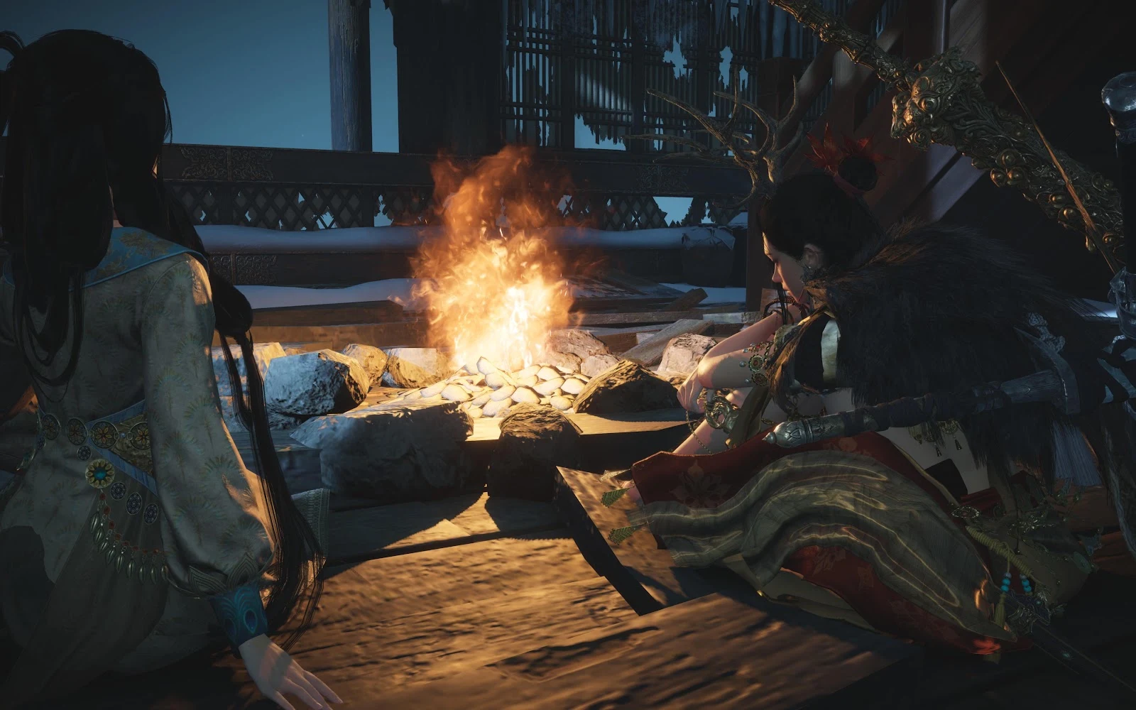 Two Characters Resting By Campfire - Video Game Screenshot 5K Wallpaper (5120x3200)