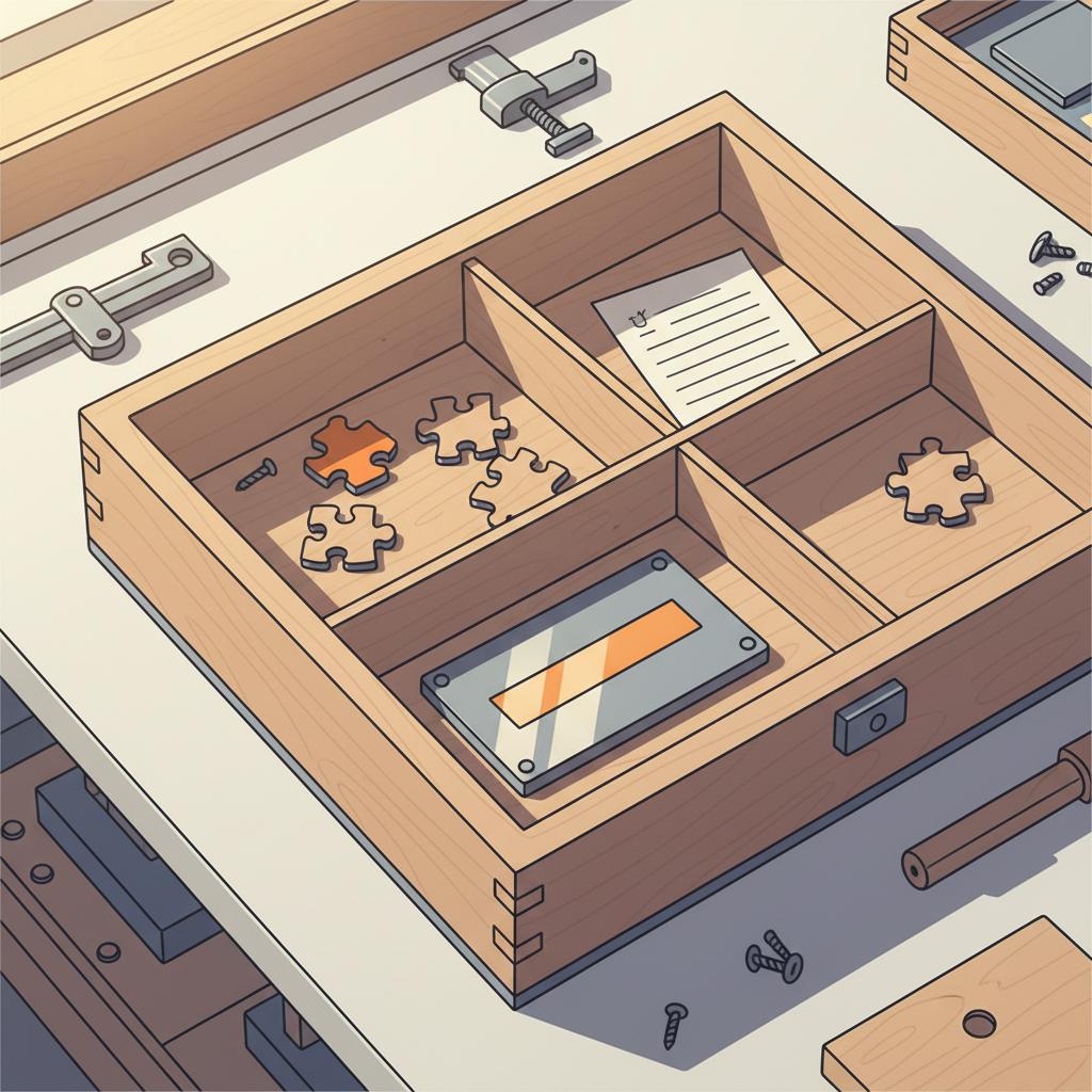 Detailansicht einer 2D-Vektor-Mystery-Box auf Werkbank mit Fächern, Puzzleteilen, Hinweiszettel und glänzendem Metallplättchen – kreative gutscheine ideen