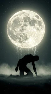 Silhouette Kneeling Under Massive Glowing Moon