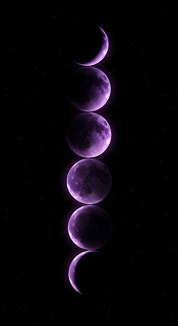 Vertical Stack of Glowing Purple Moon Phases on Deep Black Starry Background - Free mobile Wallpaper