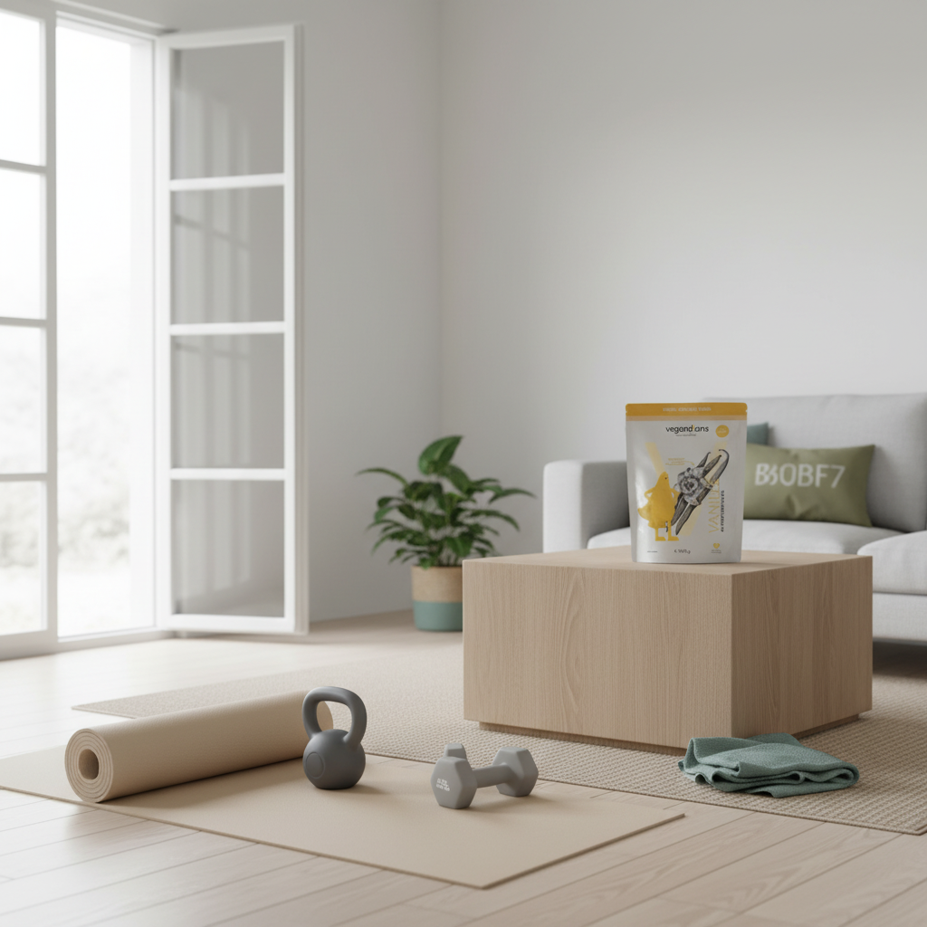 Minimalistische Heimtrainingsszene mit Yogamatte, Hanteln und Vegardians‑Produkt im hellen Wohnzimmer – welches protein zum abnehmen im Fokus, skandi‑stil, Hintergrund #F7EDE6