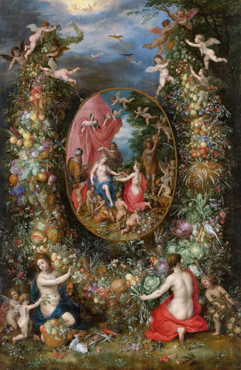 Garland of Fruit Surrounding a Depiction of Cybele Receiving Gifts From Personif