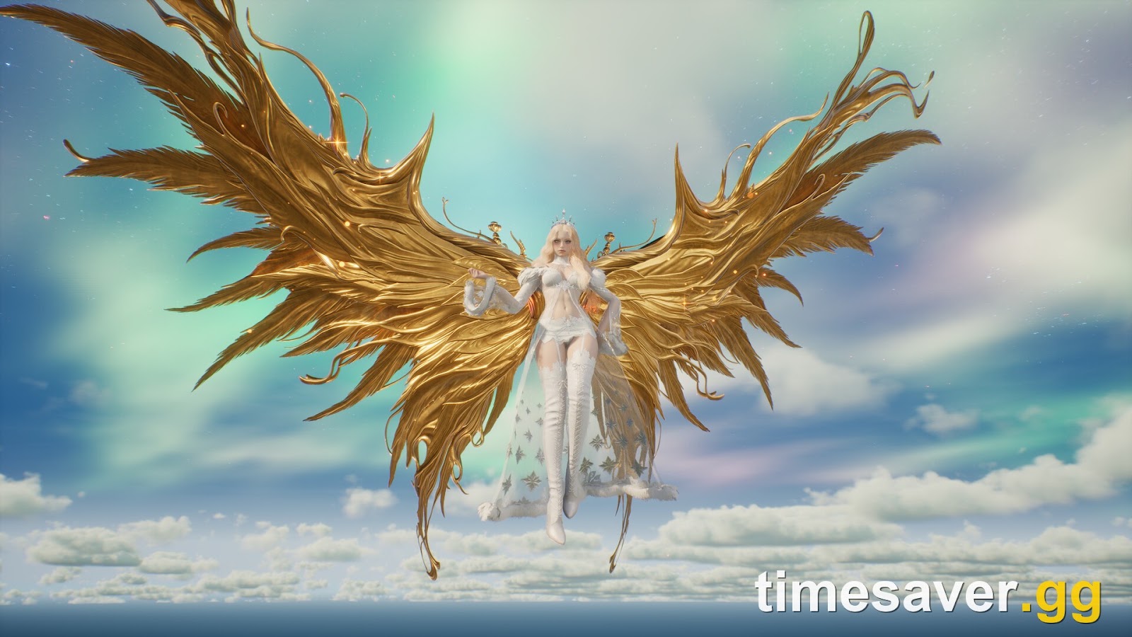 A Daeva with enormous golden wings hovers above the clouds in AION 2 — the ascended power fantasy the hardest 10-player raids and Abyss endgame are built around (official AION 2 screenshot)