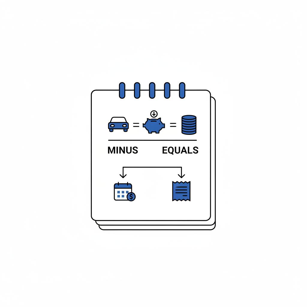 Minimalist 2D vector notepad illustrating trade in car net equity calculation using icons for trade in offer payoff net equity with arrows to monthly payment and taxes