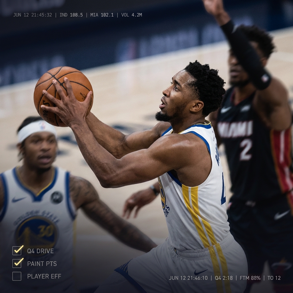 Close up NBA Finals action with subtle time stamped market data overlay and compact checklist graphic in Funded Plays brand colors showing nba finals mvp odds