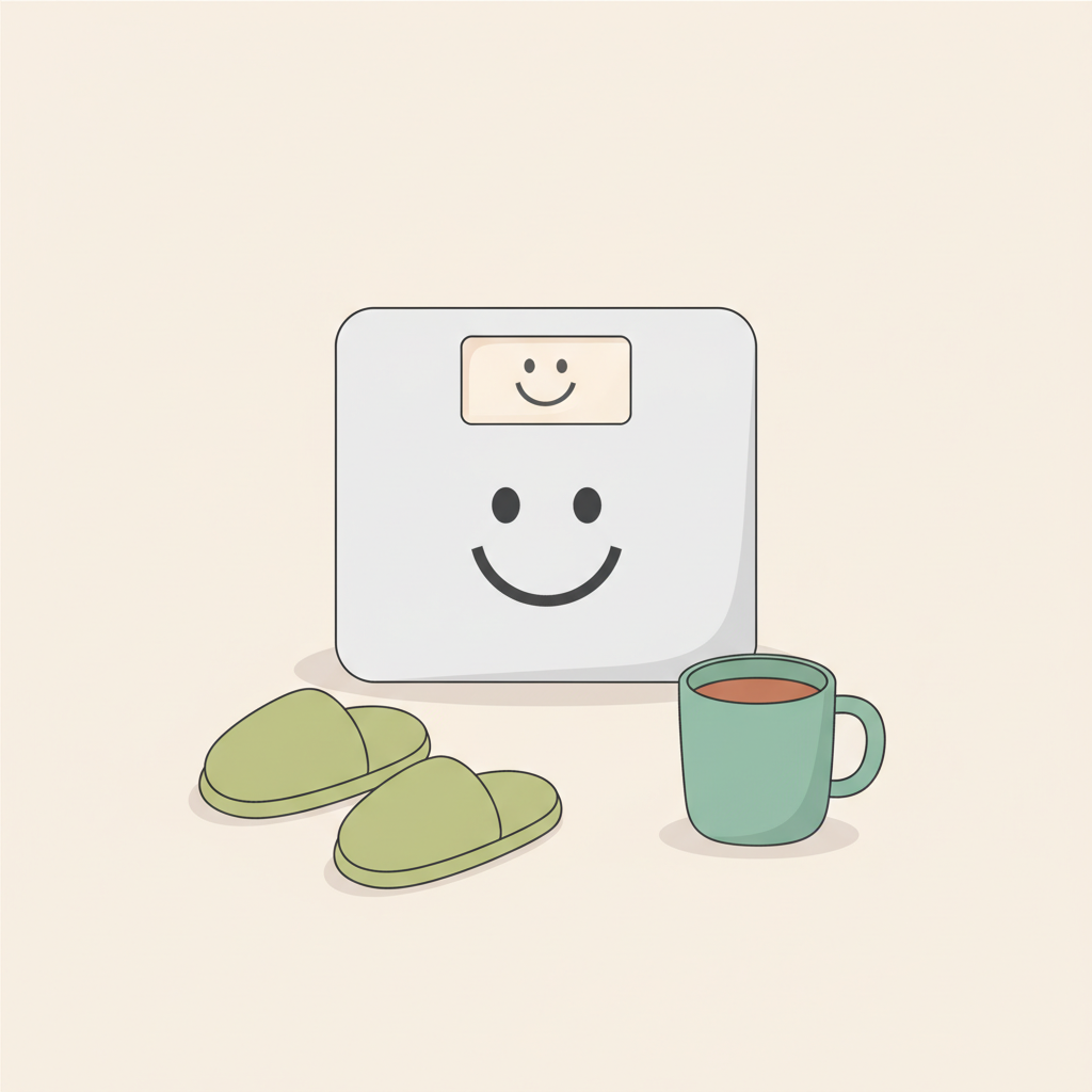 Minimalistische 2D‑Vektorillustration einer Waage mit Smiley‑Display, Hausschuhe und Tasse Tee in Vegardians-Farben, freundlich und ruhig — muskelaufbau frauen 70