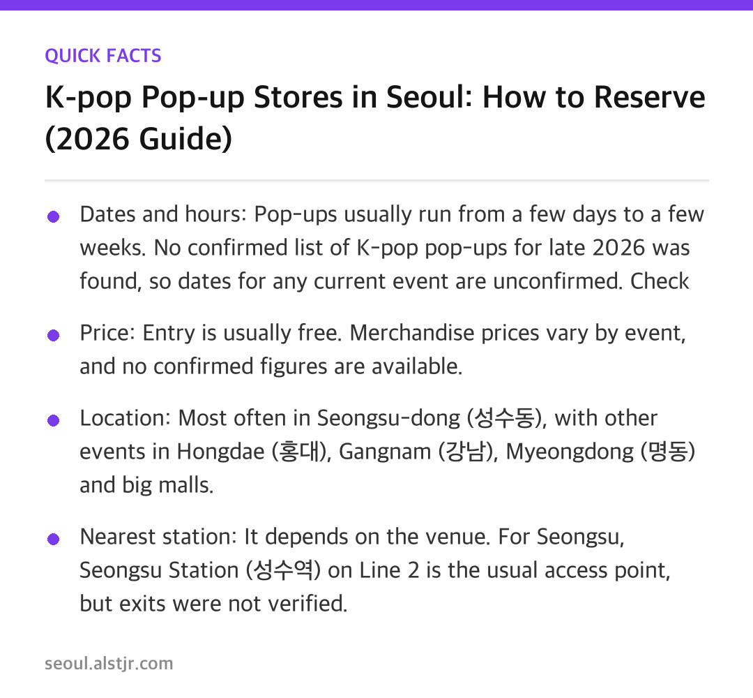 Quick facts - K-pop Pop-up Stores in Seoul: How to Reserve (2026 Guide)
