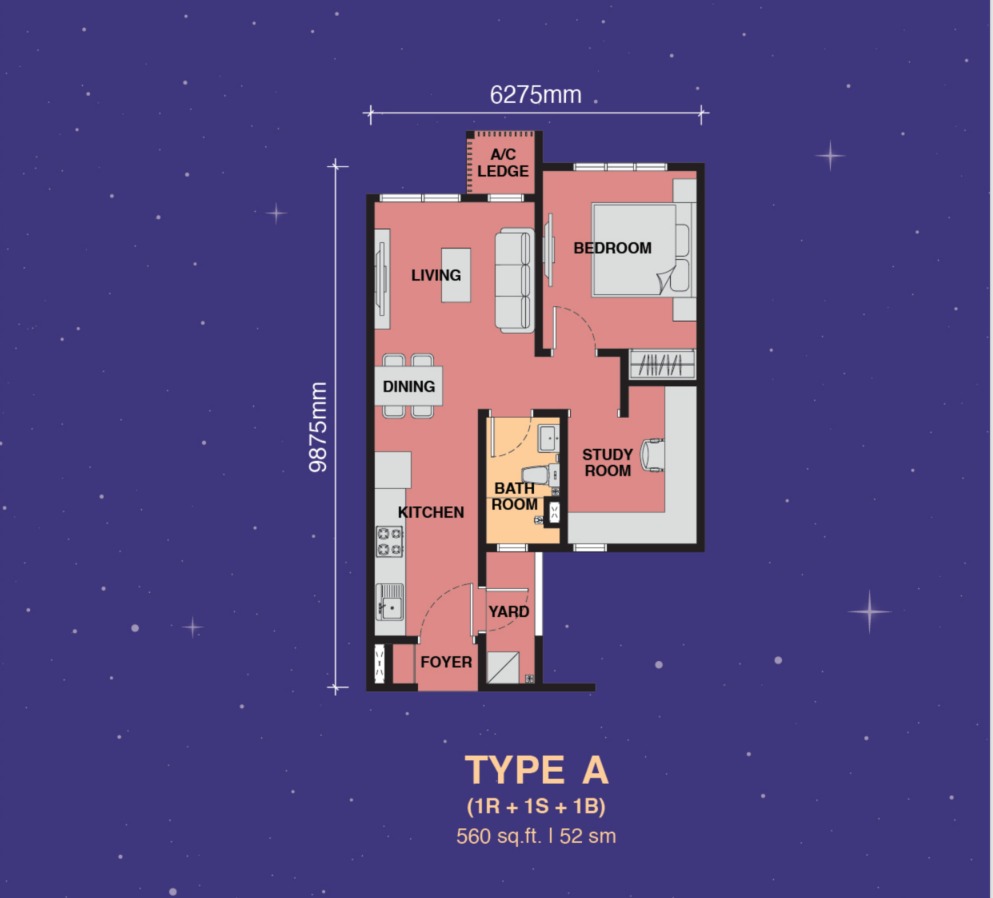 The Asteriaz Type A floor plan — 560 sq ft, 1 bedrooms