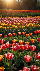 Vibrant Red Orange Tulip Field Sunlight Flare