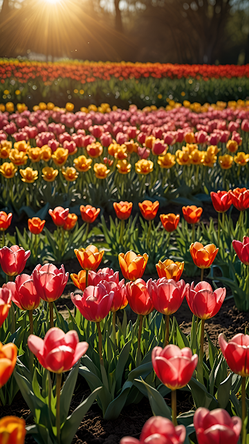 Vibrant Red Orange Tulip Field Sunlight Flare