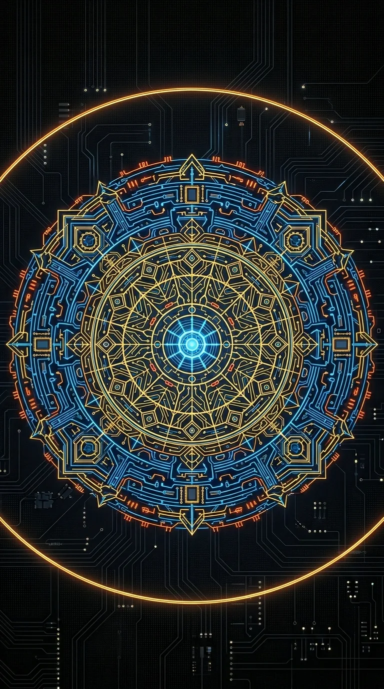 High-Tech Circular Geometric Circuit Mandala on Black - Free 4K mobile Wallpaper