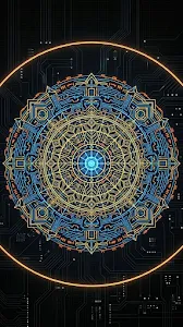 High-Tech Circular Geometric Circuit Mandala on Black