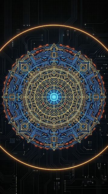 High-Tech Circular Geometric Circuit Mandala on Black - Free mobile Wallpaper