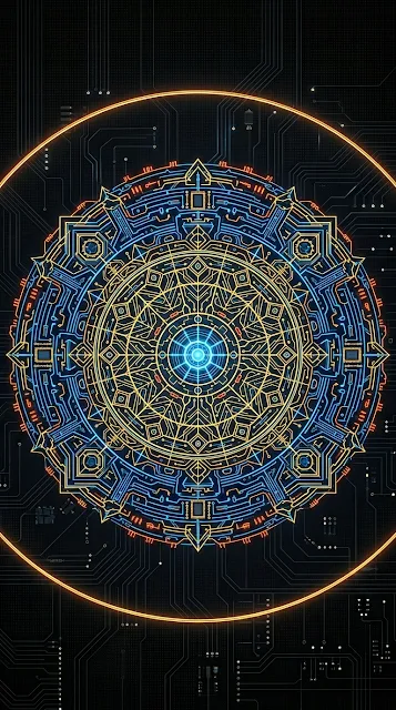 High-Tech Circular Geometric Circuit Mandala on Black