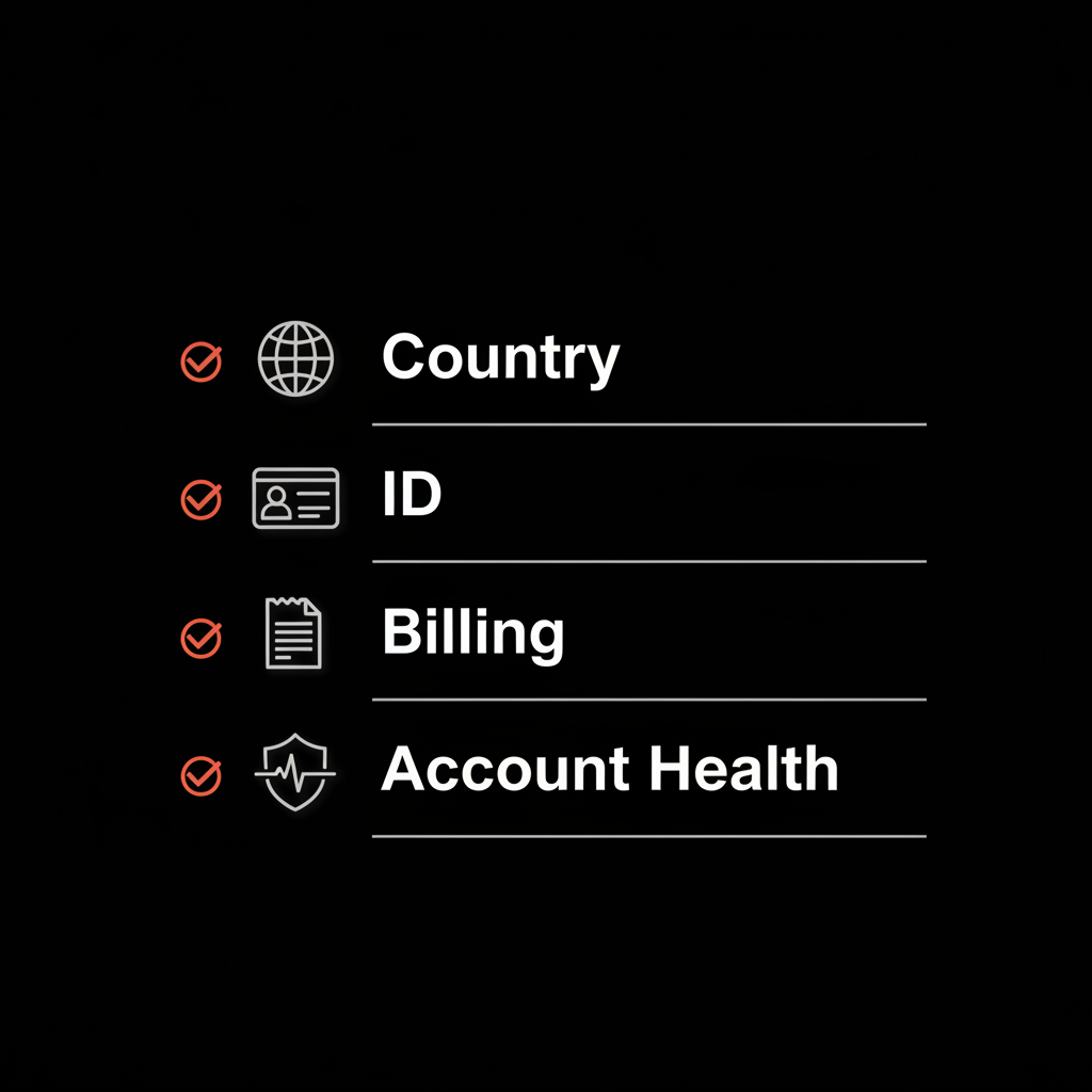 Minimalist checklist infographic for meta verified: Country, ID, Billing, Account Health on black background with gray icons, edf1e9 text and dc5c2b accent