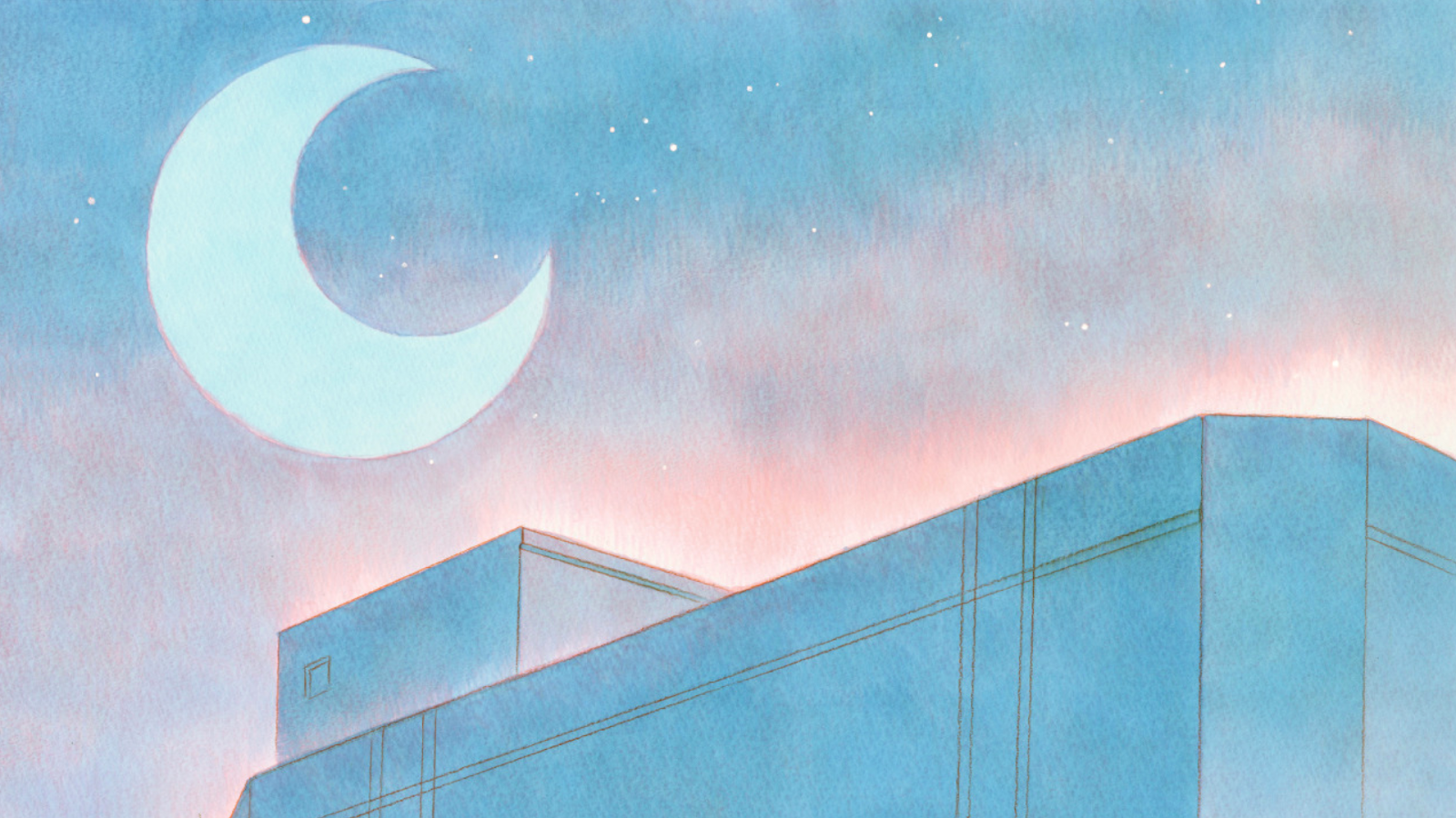 Crescent Moon Over Pastel Rooftop - 90s Anime Illustration Full HD Wallpaper (1920x1080)