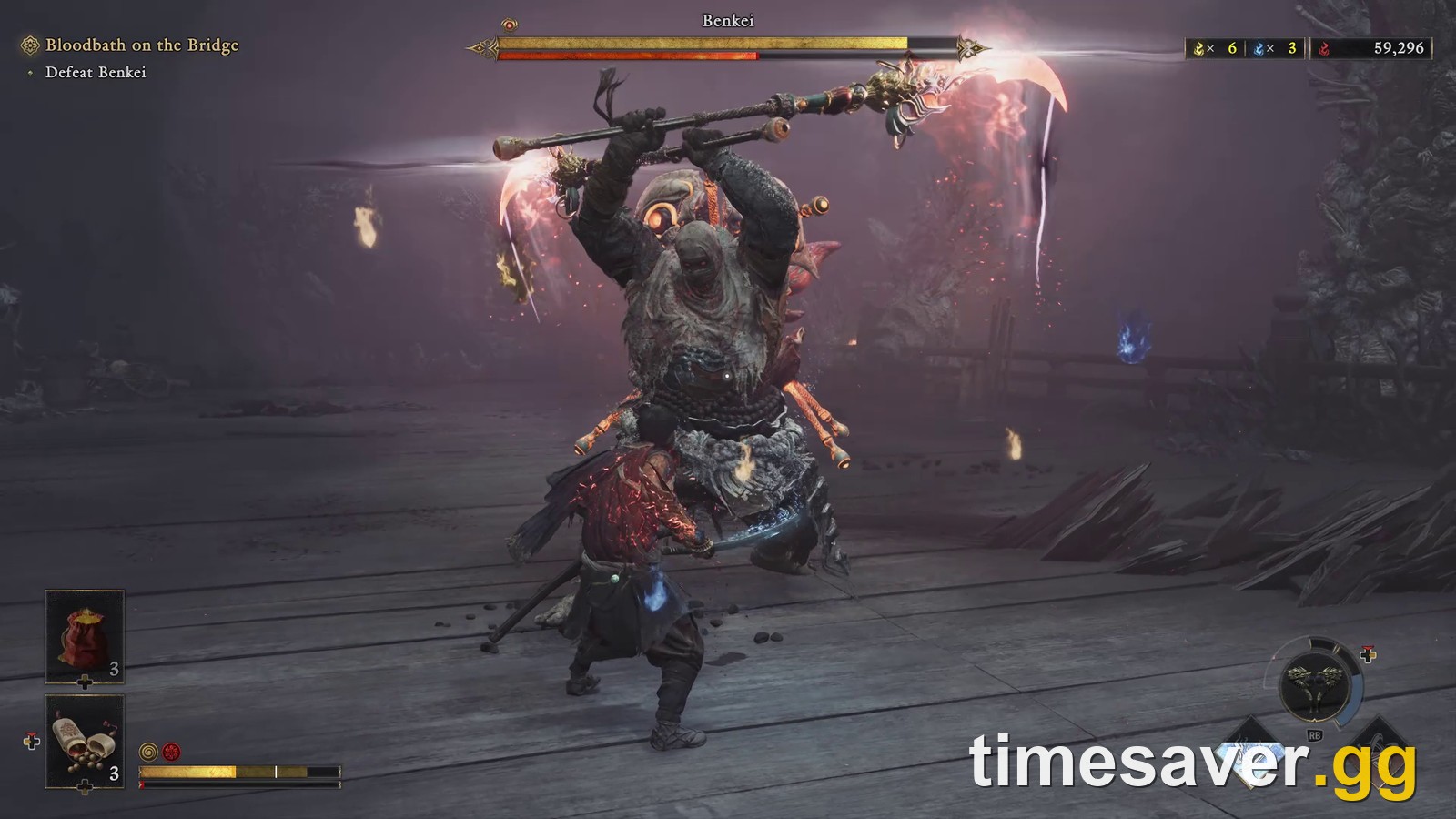 Empowered Benkei raising two glowing naginatas for his Stab Combo on Gojo-Ohashi bridge