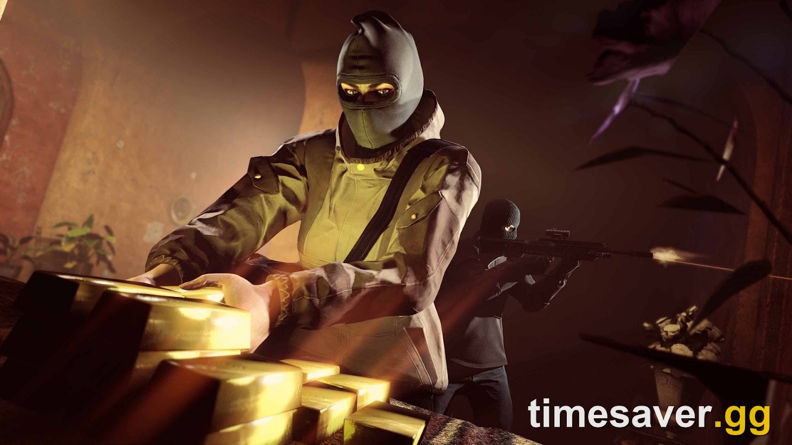 A masked GTA Online player grabbing stacked gold bars during the Cayo Perico Heist — gold is the highest-value secondary target at up to GTA$300,000 per stack