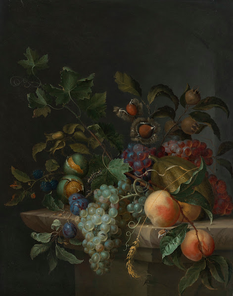 Grapes peaches plums blackberries rosehips a melon an ear of barley a vine tendr