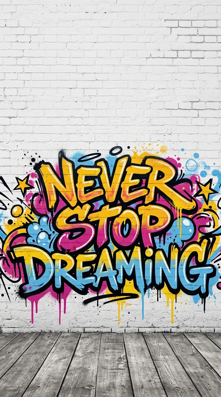 Street Art Graffiti Typography Never Stop Dreaming on White Brick Wallpaper - Free 4K mobile Wallpaper