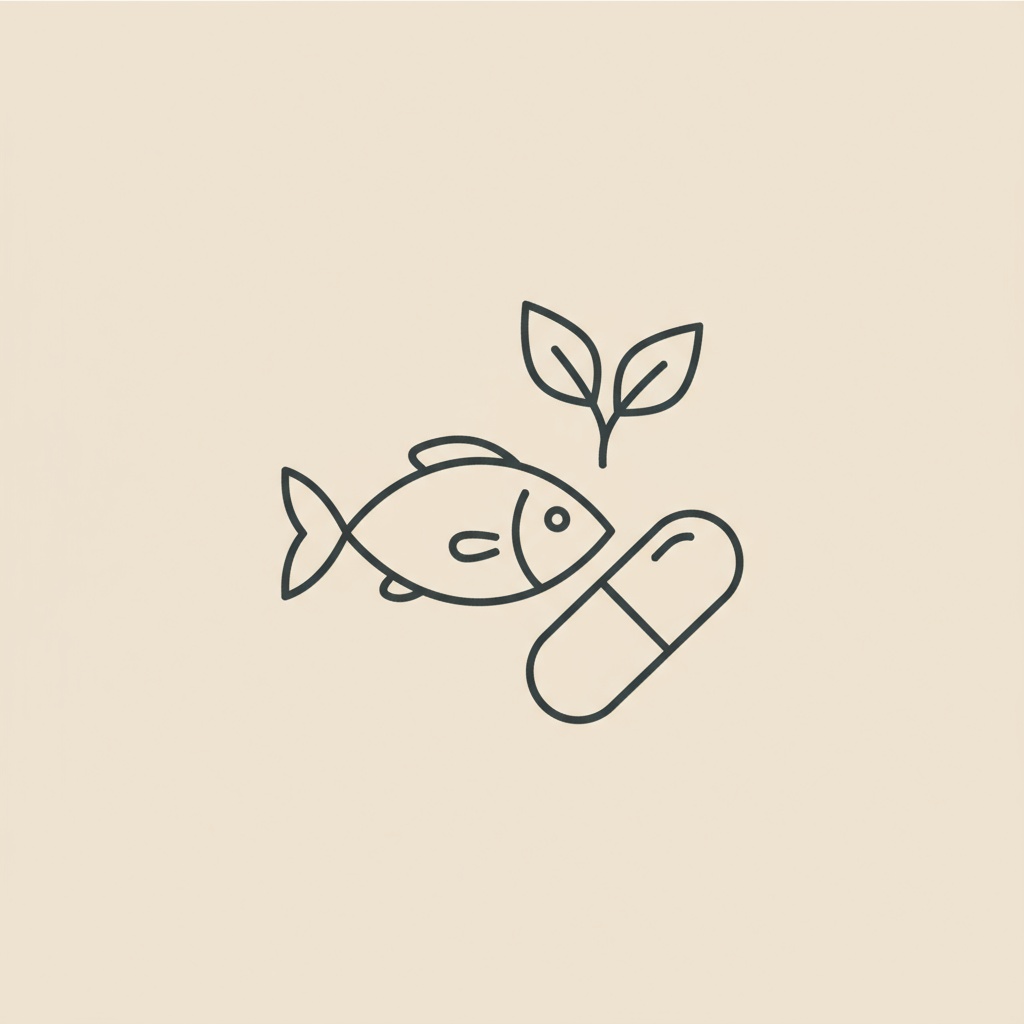 Minimalist Tonum-style line illustration of a fish, a capsule, and a sprig of leafy greens on a beige background, symbolizing vitamins for memory.