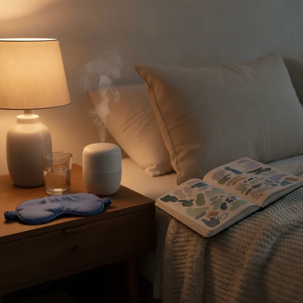 How to reduce anxiety at night with calming bedtime tools in a peaceful bedroom scene