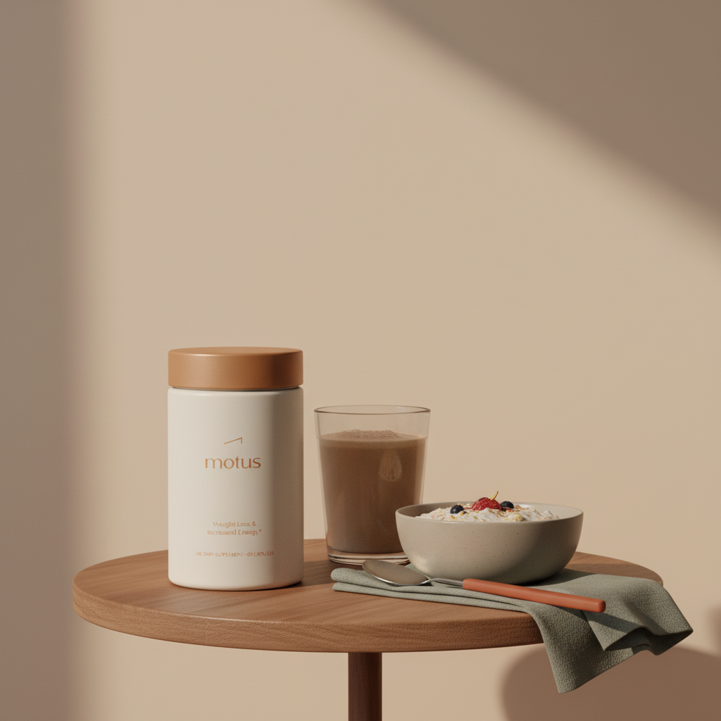Minimalist photo of Tonum Motus jar beside a prepared mass gainer shake and bowl of oats on a wooden table, suggesting weight gain drinks for healthy nutrition.