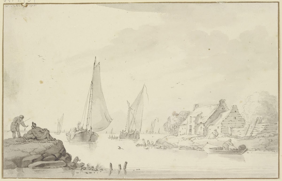 Marine rechts am Ufer Bauernhäuser links auf einem Felsen zwei Fischer 1701