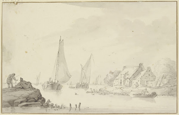 Marine rechts am Ufer Bauernhäuser links auf einem Felsen zwei Fischer 1701