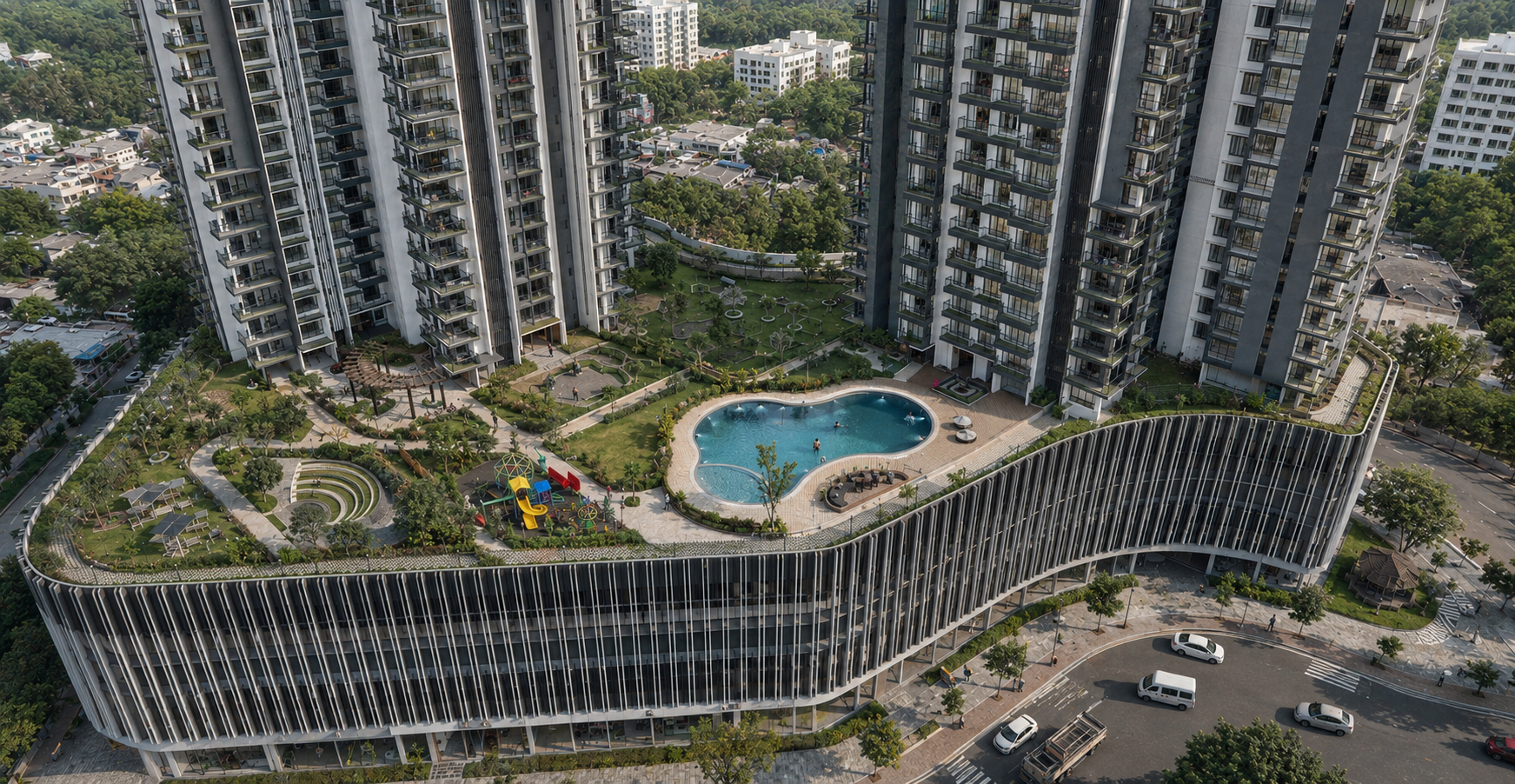 Aerial view of towers and landscaped podium amenities