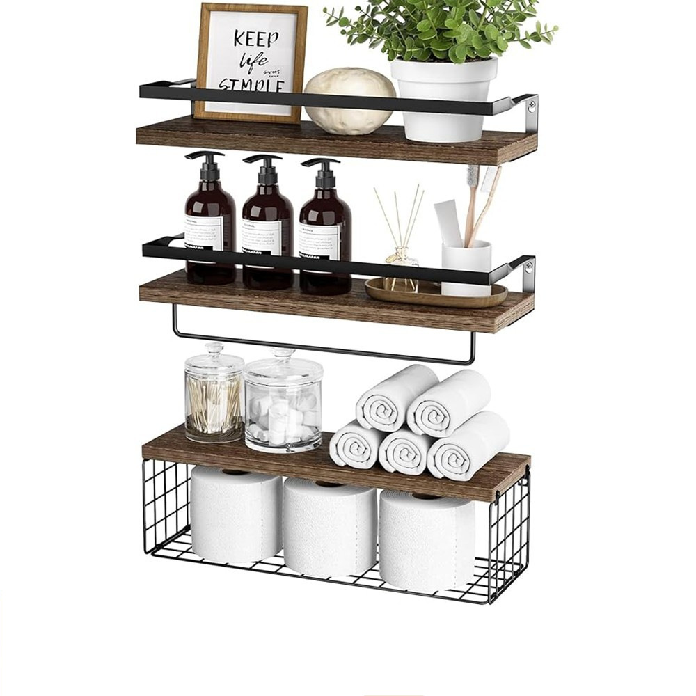 Wooden wall shelf, modern design, multilayered