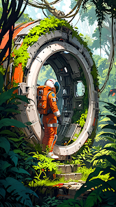Astronaut Exploring Overgrown Sci Fi Jungle Ruins