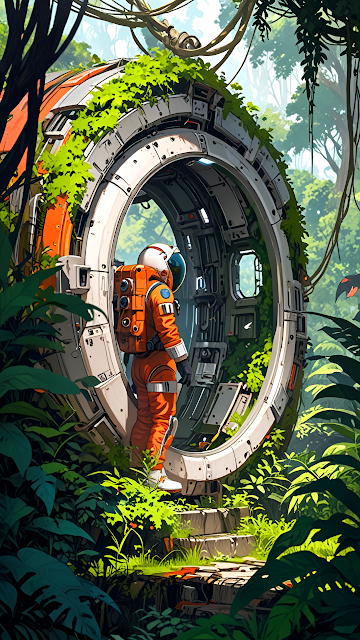 Astronaut Exploring Overgrown Sci Fi Jungle Ruins - Free mobile Wallpaper