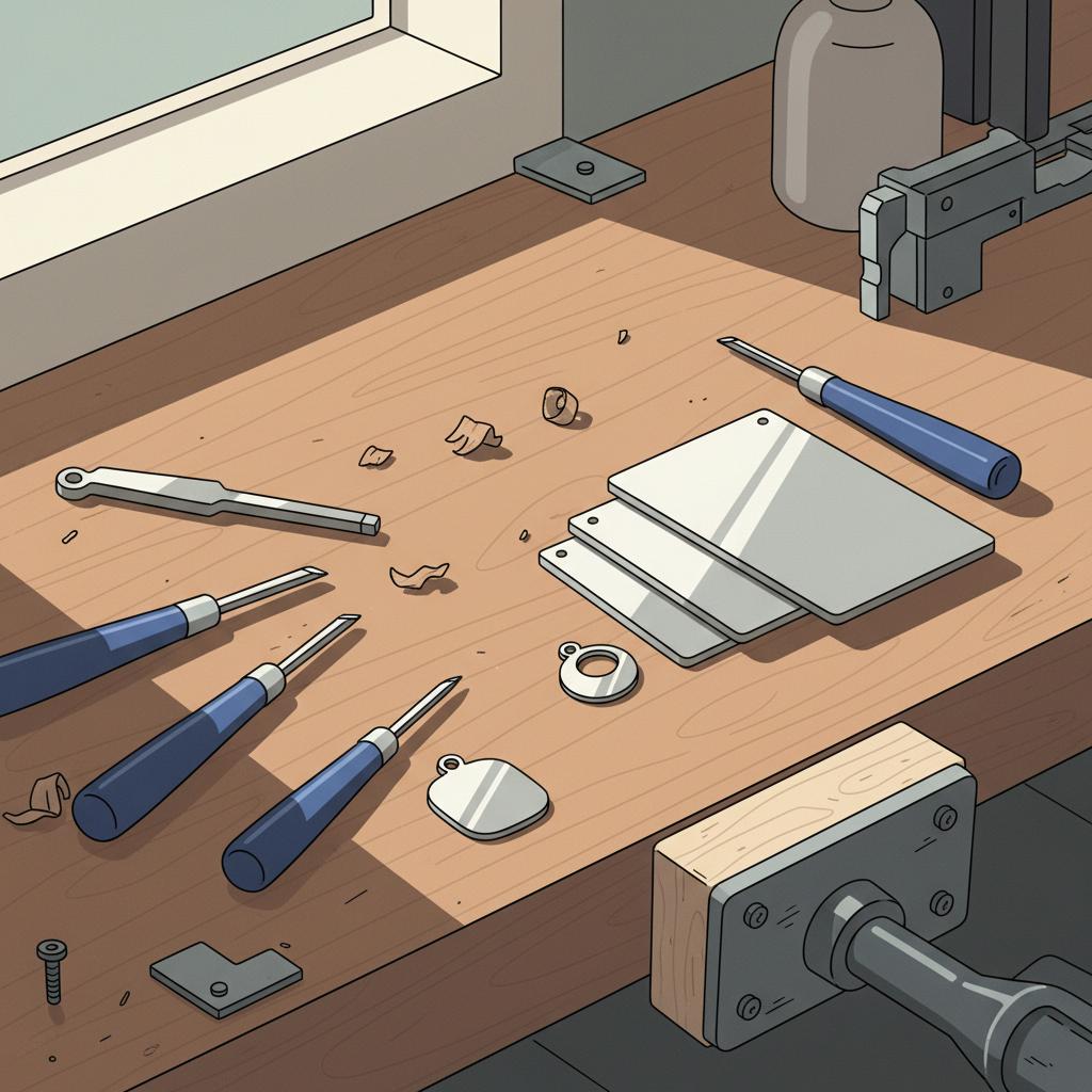 Nahaufnahme einer minimalistischen Werkbank mit Gravurwerkzeugen, Edelstahlplatten und Rohanhängern in warmem Licht, klare 2D-Vektorästhetik — ideal für geschenke für trauzeugen