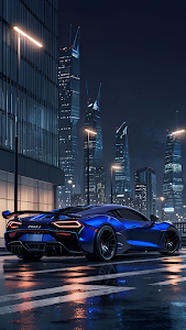 Blue Supercar Parked on Rainy City Street at Night