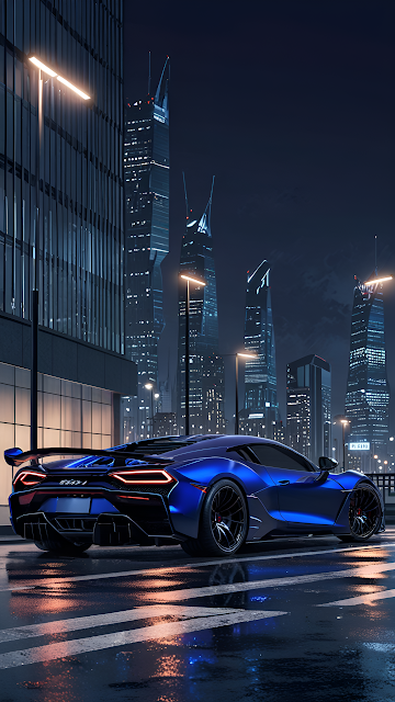 Blue Supercar Parked on Rainy City Street at Night - Free mobile Wallpaper