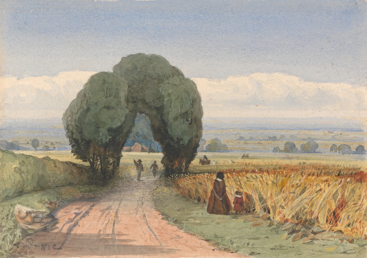 Gloucestershire  a woman and child on a road bordering fields of ripe corn at Mo