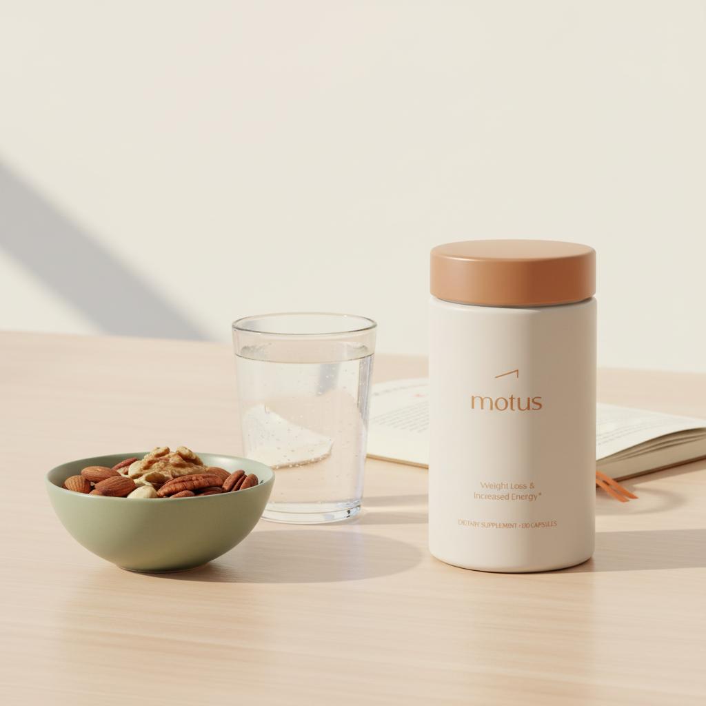 Motus supplement bottle beside a bowl of nuts, glass of water and nutrition log on a minimalist tabletop illustrating mct oil interactions and daily use