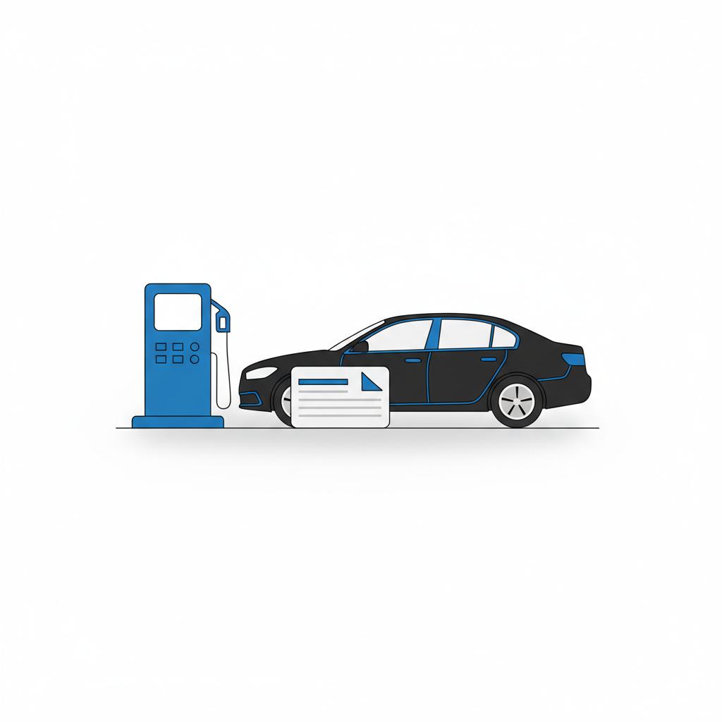 Minimalist 2D vector of a sedan at a gas station with a mileage log beside it chevy malibu for sale in white and blue CarFax Deals color palette