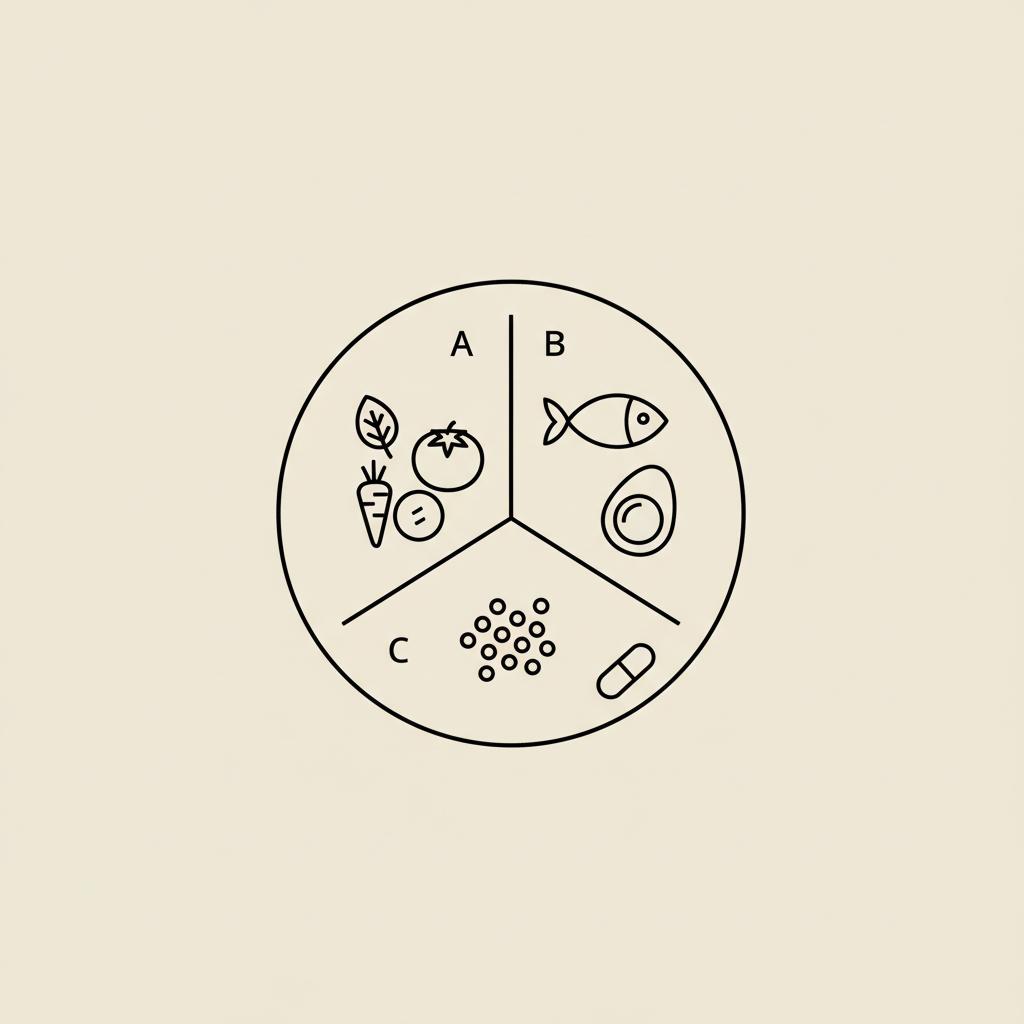 Minimal Tonum-style vector line illustration of a divided plate with vegetables, fish/egg protein, quinoa grains and a small capsule on beige background — gluten-free diet weight loss
