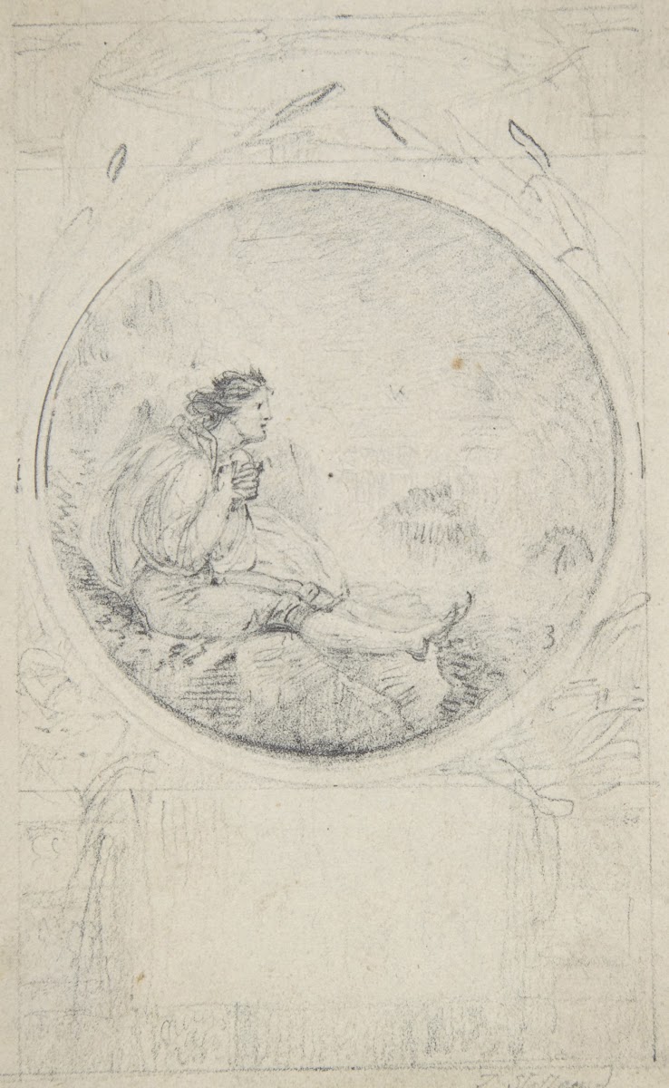 Seated man in circular medallion design for a book illustration late 18thmid 19t
