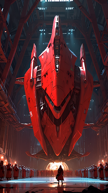 Red Starship Hangar Launch, Sci Fi Military Vessel - Free mobile Wallpaper