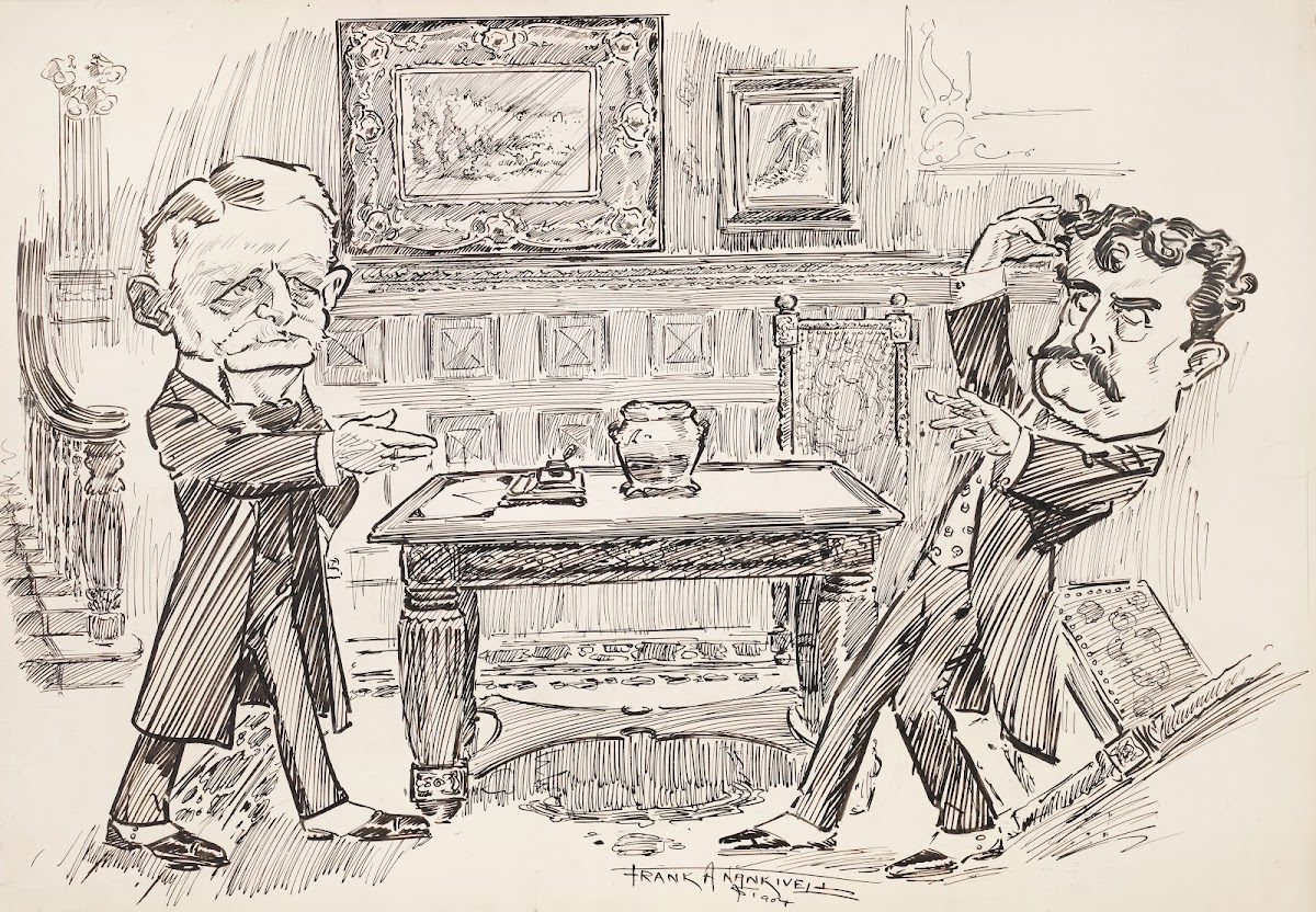 Confrontation of two gentlemen in front hall of great house 1904