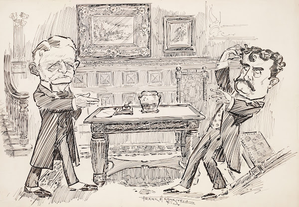 Confrontation of two gentlemen in front hall of great house 1904