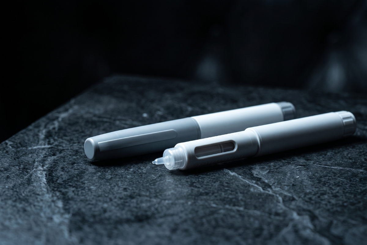 A weight-loss injector pen resting on a dark marble surface